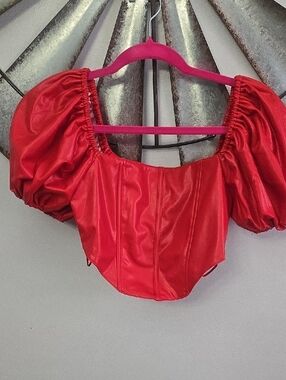 Sky To Moon Red Puff Sleeve Faux Leather Crop Top